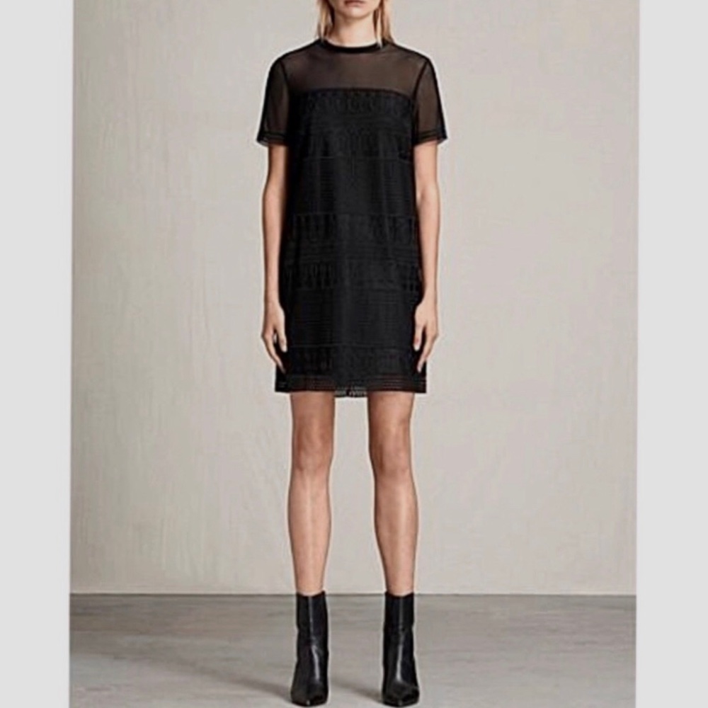 ALL SAINTS CHARLTON  MESH MINI DRESS IN BLACK